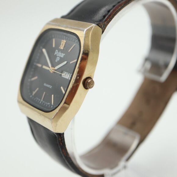 Vintage Pulsar Gold Tone Tank Watch 33mm Day Date Black Leather w New Battery main image 5